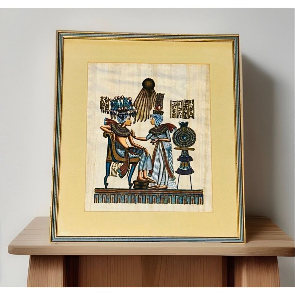 Hand Painted Egyptian Papyrus King Tutankhamen & his Wife Framed Matted
